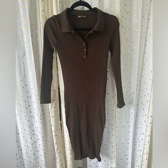 Zara Women's Bodycon Fitted Ribbed Knit Polo Chocolate Brown Dress Size S - Picture 2 of 5